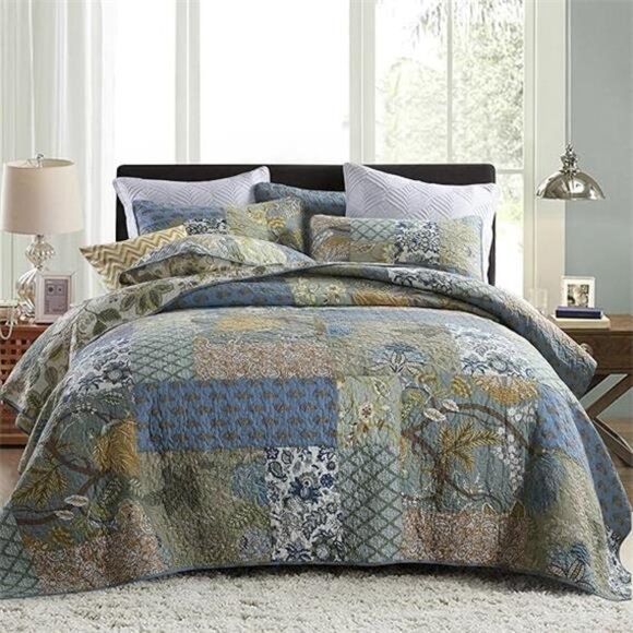 King Size Comforter Set- 100% Cotton Quilt King Size Set, Green, Sage bedspreads - Picture 7 of 7